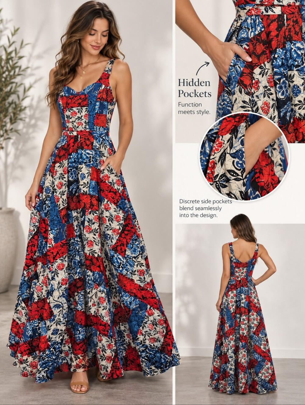 Vintage Jonathan Logan Floral Patchwork Maxi Dress Size 7/8 Cotton Hidden Pocket
